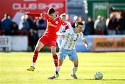5 May 2025; Tommy Lonergan of Waterford is tackled by Sean Gannon of Shelbourne during the SSE Airtricity Men's Premier Division match between Shelbourne and Waterford at Tolka Park in Dublin. Photo by Seb Daly/Sportsfile