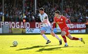 5 May 2025; Padraig Amond of Waterford in action against Sean Gannon of Shelbourne during the SSE Airtricity Men's Premier Division match between Shelbourne and Waterford at Tolka Park in Dublin. Photo by Seb Daly/Sportsfile