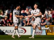 5 May 2025; Sean Grehan of Bohemians, right, celebrates with teammate Jordan Flores after scoring their side's first goal during the SSE Airtricity Men's Premier Division match between Galway United and Bohemians at Eamonn Deacy Park in Galway. Photo by Brendan Moran/Sportsfile