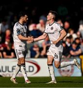 5 May 2025; Sean Grehan of Bohemians, right, celebrates with teammate Jordan Flores after scoring their side's first goal during the SSE Airtricity Men's Premier Division match between Galway United and Bohemians at Eamonn Deacy Park in Galway. Photo by Brendan Moran/Sportsfile