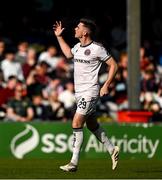 5 May 2025; Sean Grehan of Bohemians celebrates after scoring his side's first goal during the SSE Airtricity Men's Premier Division match between Galway United and Bohemians at Eamonn Deacy Park in Galway. Photo by Brendan Moran/Sportsfile