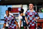 5 May 2025; Warren Davis of Drogheda United, right, celebrates after scoring his side's second goal during the SSE Airtricity Men's Premier Division match between Drogheda United and Cork City at Sullivan & Lambe Park in Drogheda, Louth. Photo by Tyler Miller/Sportsfile
