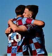 5 May 2025; Warren Davis of Drogheda United, right, celebrates with team-mate Owen Lambe after scoring their side's second goal during the SSE Airtricity Men's Premier Division match between Drogheda United and Cork City at Sullivan & Lambe Park in Drogheda, Louth. Photo by Tyler Miller/Sportsfile