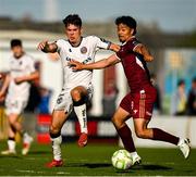 5 May 2025; Moses Dyer of Galway United in action against Jordan Flores of Bohemians during the SSE Airtricity Men's Premier Division match between Galway United and Bohemians at Eamonn Deacy Park in Galway. Photo by Brendan Moran/Sportsfile