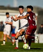 5 May 2025; Moses Dyer of Galway United gets away from Jordan Flores of Bohemians during the SSE Airtricity Men's Premier Division match between Galway United and Bohemians at Eamonn Deacy Park in Galway. Photo by Brendan Moran/Sportsfile