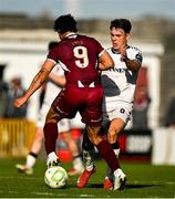 5 May 2025; Moses Dyer of Galway United gets away from Jordan Flores of Bohemians during the SSE Airtricity Men's Premier Division match between Galway United and Bohemians at Eamonn Deacy Park in Galway. Photo by Brendan Moran/Sportsfile