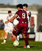 5 May 2025; Moses Dyer of Galway United gets away from Jordan Flores of Bohemians during the SSE Airtricity Men's Premier Division match between Galway United and Bohemians at Eamonn Deacy Park in Galway. Photo by Brendan Moran/Sportsfile