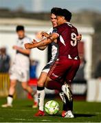 5 May 2025; Moses Dyer of Galway United gets away from Jordan Flores of Bohemians during the SSE Airtricity Men's Premier Division match between Galway United and Bohemians at Eamonn Deacy Park in Galway. Photo by Brendan Moran/Sportsfile