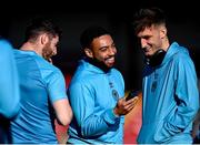 5 May 2025; St Patrick's Athletic players, from left, Aidan Keena, Jake Mulraney and Mason Melia before the SSE Airtricity Men's Premier Division match between Derry City and St Patrick's Athletic at The Ryan McBride Brandywell Stadium in Derry. Photo by Stephen McCarthy/Sportsfile
