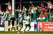 5 May 2025; Djenairo Daniels of Cork City, left, celebrates after scoring his side's second goal during the SSE Airtricity Men's Premier Division match between Drogheda United and Cork City at Sullivan & Lambe Park in Drogheda, Louth. Photo by Tyler Miller/Sportsfile