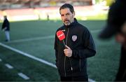 5 May 2025; Derry City manager Tiernan Lynch awaits to be interviewed by Virgin Media Sport before the SSE Airtricity Men's Premier Division match between Derry City and St Patrick's Athletic at The Ryan McBride Brandywell Stadium in Derry. Photo by Stephen McCarthy/Sportsfile