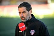 5 May 2025; Derry City manager Tiernan Lynch is nterviewed by Virgin Media Sport before the SSE Airtricity Men's Premier Division match between Derry City and St Patrick's Athletic at The Ryan McBride Brandywell Stadium in Derry. Photo by Stephen McCarthy/Sportsfile