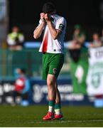 5 May 2025; Harry Nevin of Cork City reacts during the SSE Airtricity Men's Premier Division match between Drogheda United and Cork City at Sullivan & Lambe Park in Drogheda, Louth. Photo by Tyler Miller/Sportsfile