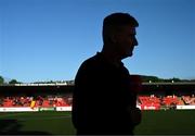 5 May 2025; St Patrick's Athletic manager Stephen Kenny speaks to Virgin Media Sport before the SSE Airtricity Men's Premier Division match between Derry City and St Patrick's Athletic at The Ryan McBride Brandywell Stadium in Derry. Photo by Stephen McCarthy/Sportsfile