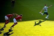 5 May 2025; Graham Burke of Shamrock Rovers shoots to score his side's first goal from a penalty during the SSE Airtricity Men's Premier Division match between Shamrock Rovers and Sligo Rovers at Tallaght Stadium in Dublin. Photo by David Fitzgerald/Sportsfile