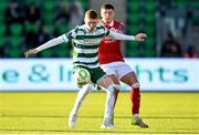 5 May 2025; Darragh Nugent of Shamrock Rovers in action against Reece Hutchinson of Sligo Rovers during the SSE Airtricity Men's Premier Division match between Shamrock Rovers and Sligo Rovers at Tallaght Stadium in Dublin. Photo by David Fitzgerald/Sportsfile