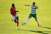 5 May 2025; Lee Grace of Shamrock Rovers in action against Francely Lomboto of Sligo Rovers during the SSE Airtricity Men's Premier Division match between Shamrock Rovers and Sligo Rovers at Tallaght Stadium in Dublin. Photo by David Fitzgerald/Sportsfile
