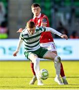 5 May 2025; Darragh Nugent of Shamrock Rovers in action against Reece Hutchinson of Sligo Rovers during the SSE Airtricity Men's Premier Division match between Shamrock Rovers and Sligo Rovers at Tallaght Stadium in Dublin. Photo by David Fitzgerald/Sportsfile