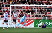 5 May 2025; Jake Mulraney of St Patrick's Athletic celebrates a goal which was subsequently disallowed during the SSE Airtricity Men's Premier Division match between Derry City and St Patrick's Athletic at The Ryan McBride Brandywell Stadium in Derry. Photo by Stephen McCarthy/Sportsfile