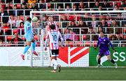 5 May 2025; Jake Mulraney of St Patrick's Athletic heads a goal which was subsequently disallowed during the SSE Airtricity Men's Premier Division match between Derry City and St Patrick's Athletic at The Ryan McBride Brandywell Stadium in Derry. Photo by Stephen McCarthy/Sportsfile