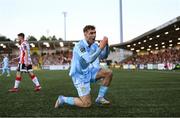 5 May 2025; Mason Melia of St Patrick's Athletic reacts towards his side's supporters during the SSE Airtricity Men's Premier Division match between Derry City and St Patrick's Athletic at The Ryan McBride Brandywell Stadium in Derry. Photo by Stephen McCarthy/Sportsfile