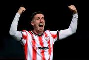 5 May 2025; Gavin Whyte of Derry City celebrates after the SSE Airtricity Men's Premier Division match between Derry City and St Patrick's Athletic at The Ryan McBride Brandywell Stadium in Derry. Photo by Stephen McCarthy/Sportsfile