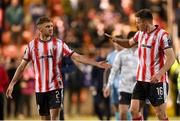 5 May 2025; Ronan Boyce, left, and Hayden Cann of Derry City after the SSE Airtricity Men's Premier Division match between Derry City and St Patrick's Athletic at The Ryan McBride Brandywell Stadium in Derry. Photo by Stephen McCarthy/Sportsfile