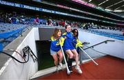 6 May 2025; Over 1000 U12 Camogie players, from across the country, were given the opportunity of a lifetime, when they got to compete on the hallowed turf at Croke Park. Allianz, a longstanding partner to the GAA and proud sponsor of The Camogie Association, welcomed under-12 teams across Ireland to Croke Park, for the Allianz Camán to Croker 2025 event. The event gives young girls the opportunity to represent their clubs and counties, in the day-long blitz – creating lots of fantastic memories and fun along the way. Allianz Camán to Croker is one of many initiatives supported by Allianz, as part of their #StopTheDrop campaign – a campaign designed to highlight and reduce the number of children dropping out of sport at the transition between primary and secondary school. Pictured at the Allianz Camán to Croker 2025 event is Injured Patrickswell player Willow O'Brien is carried onto the pitch by coaches Michelle Morrissey, left, and Louise O'Donnell. Photo by Ramsey Cardy/Sportsfile