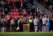 5 May 2025; St Patrick's Athletic backroom staff and Derry City stewards during the closing stages of the SSE Airtricity Men's Premier Division match between Derry City and St Patrick's Athletic at The Ryan McBride Brandywell Stadium in Derry. Photo by Stephen McCarthy/Sportsfile