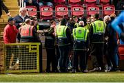 5 May 2025; St Patrick's Athletic backroom staff and Derry City stewards during the closing stages of the SSE Airtricity Men's Premier Division match between Derry City and St Patrick's Athletic at The Ryan McBride Brandywell Stadium in Derry. Photo by Stephen McCarthy/Sportsfile