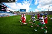 6 May 2025; Over 1000 U12 Camogie players, from across the country, were given the opportunity of a lifetime, when they got to compete on the hallowed turf at Croke Park. Allianz, a longstanding partner to the GAA and proud sponsor of The Camogie Association, welcomed under-12 teams across Ireland to Croke Park, for the Allianz Camán to Croker 2025 event. The event gives young girls the opportunity to represent their clubs and counties, in the day-long blitz – creating lots of fantastic memories and fun along the way. Allianz Camán to Croker is one of many initiatives supported by Allianz, as part of their #StopTheDrop campaign – a campaign designed to highlight and reduce the number of children dropping out of sport at the transition between primary and secondary school. Pictured at the Allianz Camán to Croker 2025 event is action between Trim of Meath and Sallins of Kildare. Photo by Ramsey Cardy/Sportsfile