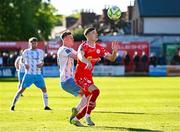 5 May 2025; Daniel Kelly of Shelbourne in action against Conan Noonan of Waterford during the SSE Airtricity Men's Premier Division match between Shelbourne and Waterford at Tolka Park in Dublin. Photo by Seb Daly/Sportsfile