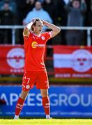 5 May 2025; Harry Wood of Shelbourne reacts during the SSE Airtricity Men's Premier Division match between Shelbourne and Waterford at Tolka Park in Dublin. Photo by Seb Daly/Sportsfile