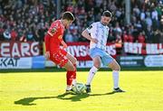 5 May 2025; Padraig Amond of Waterford in action against Sean Gannon of Shelbourne during the SSE Airtricity Men's Premier Division match between Shelbourne and Waterford at Tolka Park in Dublin. Photo by Seb Daly/Sportsfile