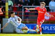 5 May 2025; Harry Wood of Shelbourne in action against Darragh Leahy of Waterford during the SSE Airtricity Men's Premier Division match between Shelbourne and Waterford at Tolka Park in Dublin. Photo by Seb Daly/Sportsfile