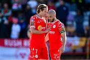 5 May 2025; Shelbourne players Harry Wood, left, and Mark Coyle during the SSE Airtricity Men's Premier Division match between Shelbourne and Waterford at Tolka Park in Dublin. Photo by Seb Daly/Sportsfile