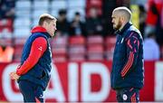 5 May 2025; Shelbourne manager Damien Duff, left, and assistant manager Joey O'Brien before the SSE Airtricity Men's Premier Division match between Shelbourne and Waterford at Tolka Park in Dublin. Photo by Seb Daly/Sportsfile