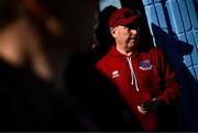 5 May 2025; A Drogheda supporter arrives before the SSE Airtricity Men's Premier Division match between Drogheda United and Cork City at Sullivan & Lambe Park in Drogheda, Louth. Photo by Tyler Miller/Sportsfile
