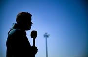 5 May 2025; Cork City manager Tim Clancy is interviewed before the SSE Airtricity Men's Premier Division match between Drogheda United and Cork City at Sullivan & Lambe Park in Drogheda, Louth. Photo by Tyler Miller/Sportsfile