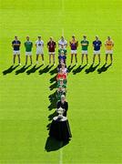 6 May 2025; In attendance at the launch of the Tailteann Cup at Croke Park in Dublin is Uachtarán Chumann Lúthchleas Gael Jarlath Burns, centre, with back row from left, Sean O’Connor of Tipperary, Tighe Barry of London, Callum Bolton of Kildare, Ronan Wallace of Westmeath, Killian Roche of Laois, Mark Diffley of Leitrim, Dean Healy of Wicklow and Dermot McAleese of Antrim. Along with front row, from front to back, Cillian Fahy of Limerick, Paddy Fox of Longford, Niall Murphy of Sligo, Conor Murray of Waterford, Mikey Bambrick of Carlow, Lee Pearson of Offaly and Declan McCusker of Fermanagh. Photo by Sam Barnes/Sportsfile