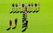 6 May 2025; Uachtarán Chumann Lúthchleas Gael Jarlath Burns, centre, with backrow from left, Sean O’Connor of Tipperary, Tighe Barry of London, Callum Bolton of Kildare, Ronan Wallace of Westmeath, Killian Roche of Laois, Mark Diffley of Leitrim, Dean Healy of Wicklow and Dermot McAleese of Antrim, and front row, from front to back, Cillian Fahy of Limerick, Paddy Fox of Longford, Niall Murphy of Sligo, Conor Murray of Waterford, Mikey Bambrick of Carlow, Lee Pearson of Offaly and Declan McCusker of Fermanagh, are filmed by Kevin Galvin of Ballywire Media, and GAA digital content manager Niamh Boyle. Photo by Sam Barnes/Sportsfile