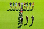 6 May 2025; Uachtarán Chumann Lúthchleas Gael Jarlath Burns, centre, with back row from left, Sean O’Connor of Tipperary, Tighe Barry of London, Callum Bolton of Kildare, Ronan Wallace of Westmeath, Killian Roche of Laois, Mark Diffley of Leitrim, Dean Healy of Wicklow and Dermot McAleese of Antrim, and front row, from front to back, Cillian Fahy of Limerick, Paddy Fox of Longford, Niall Murphy of Sligo, Conor Murray of Waterford, Mikey Bambrick of Carlow, Lee Pearson of Offaly and Declan McCusker of Fermanagh, are filmed by Kevin Galvin of Ballywire Media, and GAA Videographer Mark Ford. Photo by Sam Barnes/Sportsfile