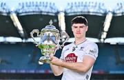 6 May 2025; Callum Bolton of Kildare pictured with the Tailteann Cup at the launch of the Tailteann Cup at Croke Park in Dublin. Photo by Sam Barnes/Sportsfile