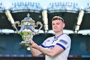 6 May 2025; Killian Roche of Laois pictured with the Tailteann Cup at the launch of the Tailteann Cup at Croke Park in Dublin. Photo by Sam Barnes/Sportsfile