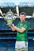 6 May 2025; Declan McCusker of Fermanagh pictured with the Tailteann Cup at the launch of the Tailteann Cup at Croke Park in Dublin. Photo by Sam Barnes/Sportsfile
