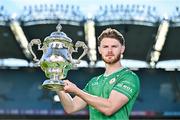 6 May 2025; Tighe Barry of London pictured with the Tailteann Cup at the launch of the Tailteann Cup at Croke Park in Dublin. Photo by Sam Barnes/Sportsfile