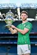 6 May 2025; Tighe Barry of London pictured with the Tailteann Cup at the launch of the Tailteann Cup at Croke Park in Dublin. Photo by Sam Barnes/Sportsfile