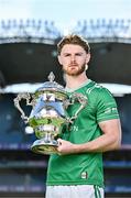 6 May 2025; Tighe Barry of London pictured with the Tailteann Cup at the launch of the Tailteann Cup at Croke Park in Dublin. Photo by Sam Barnes/Sportsfile