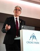 6 May 2025; Uachtarán Chumann Lúthchleas Gael Jarlath Burns speaking at the launch of the Tailteann Cup at Croke Park in Dublin. Photo by Tyler Miller/Sportsfile