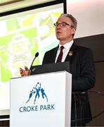 6 May 2025; Uachtarán Chumann Lúthchleas Gael Jarlath Burns speaking at the launch of the Tailteann Cup at Croke Park in Dublin. Photo by Tyler Miller/Sportsfile